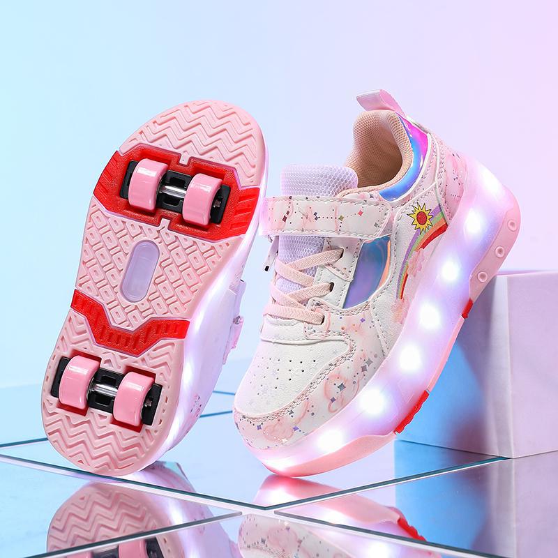 New Four-Wheel Heelys Shoes for Kidsren Retractable Automatic Wheeled Sports Shoes USB Charging Led Light Shoes Cross-Border