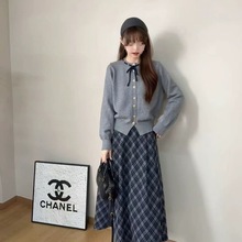 新款韩版时尚针织百搭开衫上衣格子秋冬半身裙两件套套装