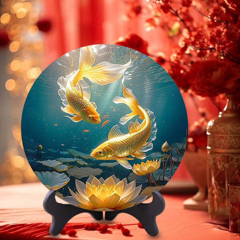 Golden Koi Fish Decorative Painting for Table Display, Wealth-Attracting Ornament for Entryway, Table, Cabinet, Coffee Table, Room Decoration, Wall Art