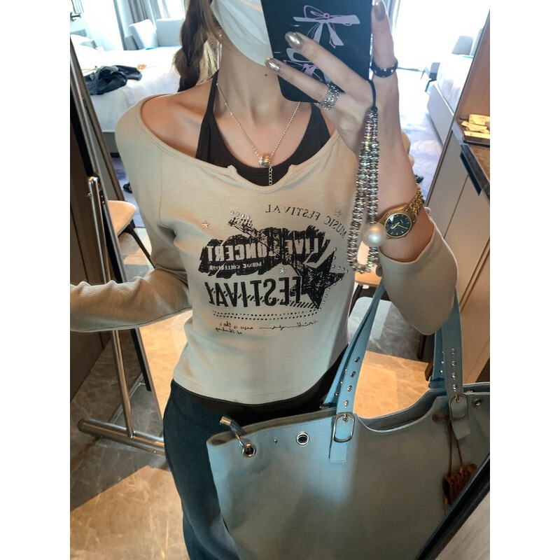 Moque spicy girl style Tencel cotton blend halter neck faux two-piece letter print T-shirt base layer MQ1858