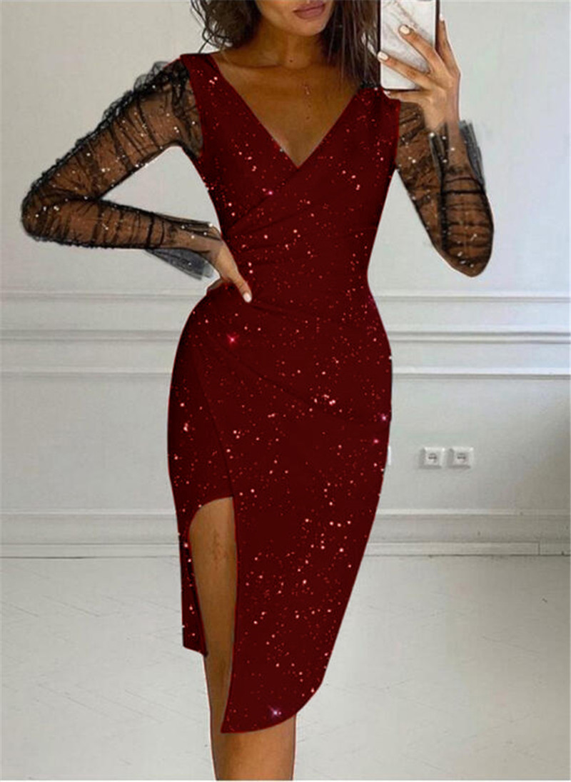 Damenbekleidung [Sofort lieferbar] Herbst Damen Pailletten V-Ausschnitt Hüftgewickelt Sexy Mesh Kleid für Damen_voghion.com