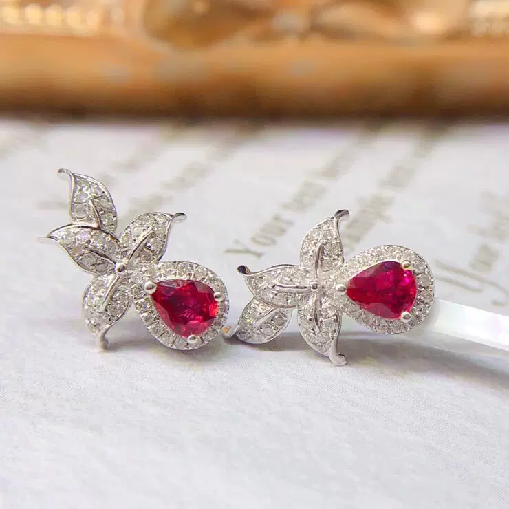 珠宝首饰厂家 DIY 18K金镶嵌天然红宝石耳钉 主石:1.1克拉