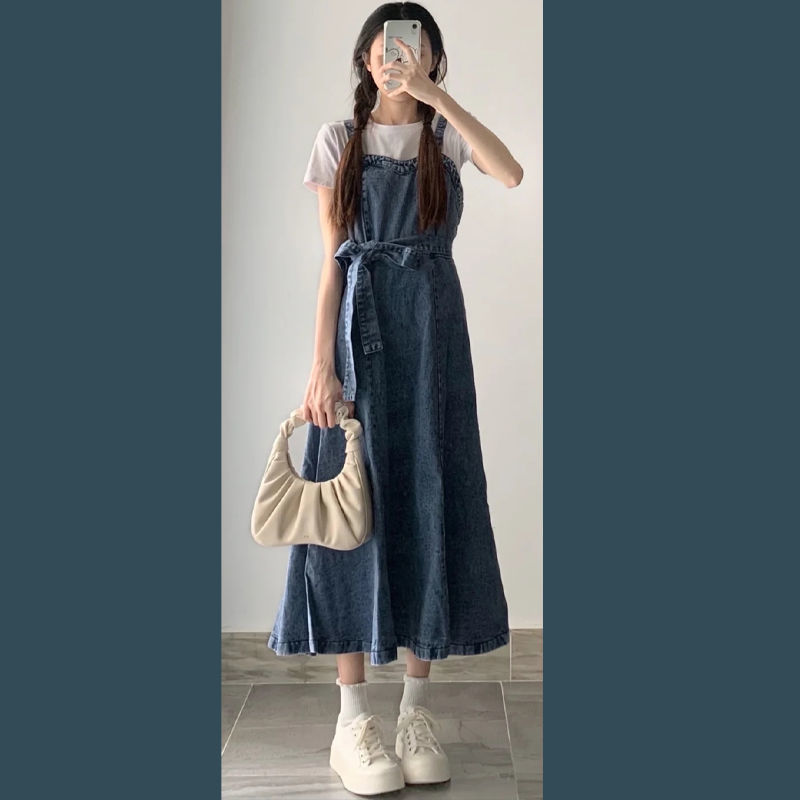 2022 summer new pattern Hepburn Retro ins Western style By age T-shirt cowboy Suspender skirt