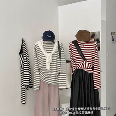 韩版圆领条纹时尚宽松百搭长袖T恤春秋季文艺休闲气质套头打底衫