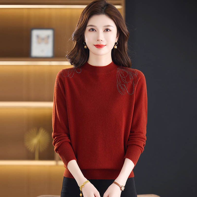 Half Turtleneck Sweater for Women in Autumn and Winter New Style 100% Wool Sweater Fashionable Middle-Aged Mother's Style Versatile Knitted Bottoming Shirt Half Turtleneck Sweater for Women in Autumn and Winter New Style 100% Wool Sweater Fashionable Middle-Aged Mother's Style Versatile Knitted Bottoming Shirt