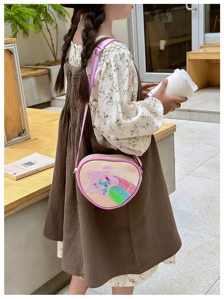 178g Weight Polyester Lining Material Zipper Closure Type Single Shoulder Strap Strap Type Shoulder Bag, Crossbody Bag Bags Type Daily Occasion Pu Leather Material Star, Stripe Pattern All Seasons Season Kid'S Gender Cute Style Heart-shaped Shape Kid'S Pu Leather Star Stripe Cute Heart-shaped Zipper Shoulder Bag Crossbody Bag 27
