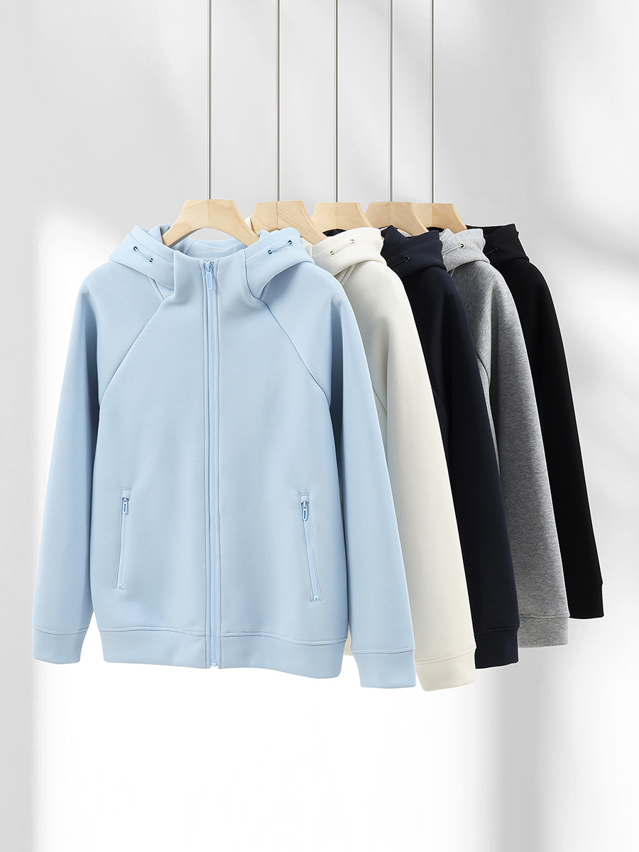 400g Heavy Liquid Cotton Raglan Sleeve Cardigan Men's Jacket Autumn and Winter Pure Color Simple Casual Loose Zipper Sweatshirt