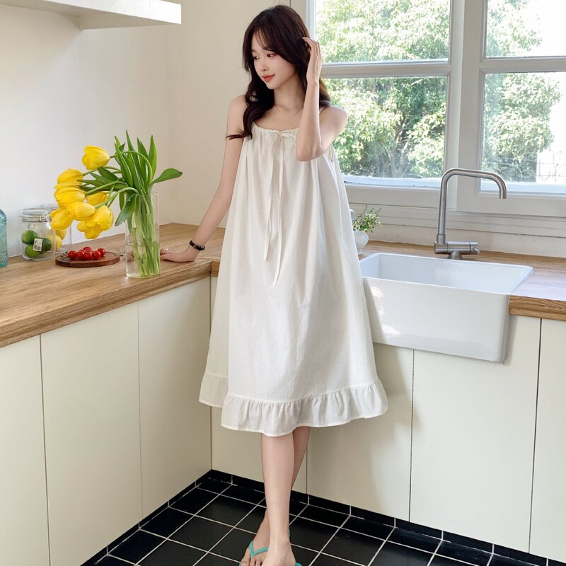 Customized Pure Cotton Pajamas for Women, Summer Thin Style, Fresh Ruffled Mid-Skirt, Loose and Sweet, Can Be Worn Outside as Home Wear Nightgown
