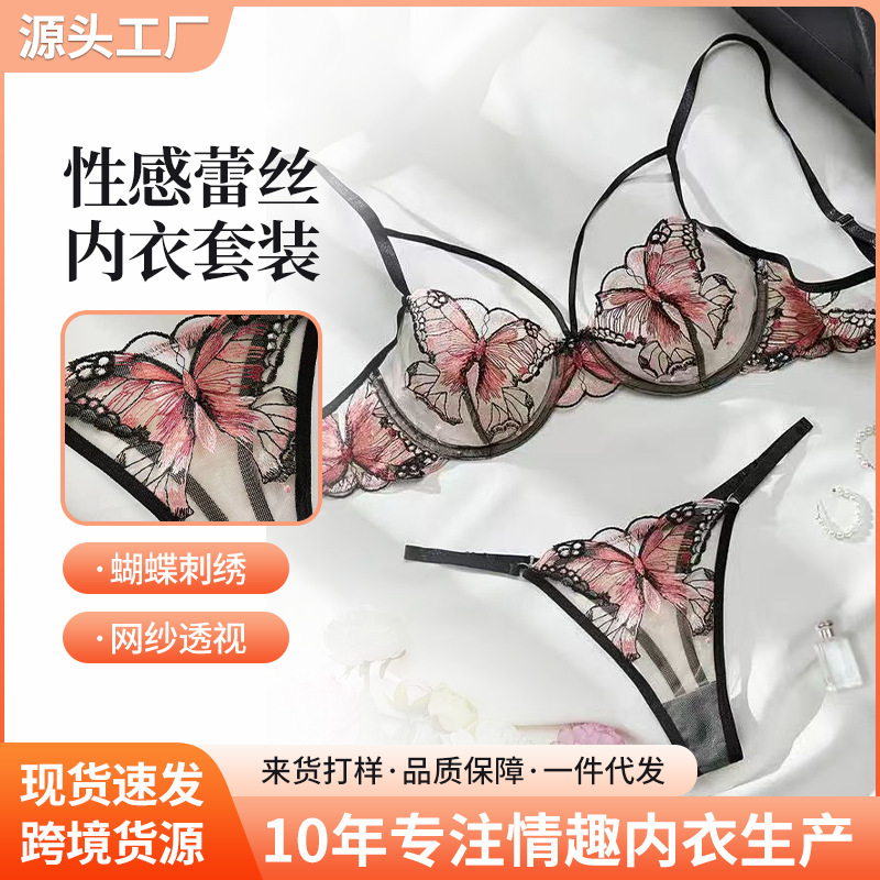 French European and American Sexy Lingerie Lace Mesh Sexy See-Through Butterfly Embroidered Bra Thong Sexy Suit