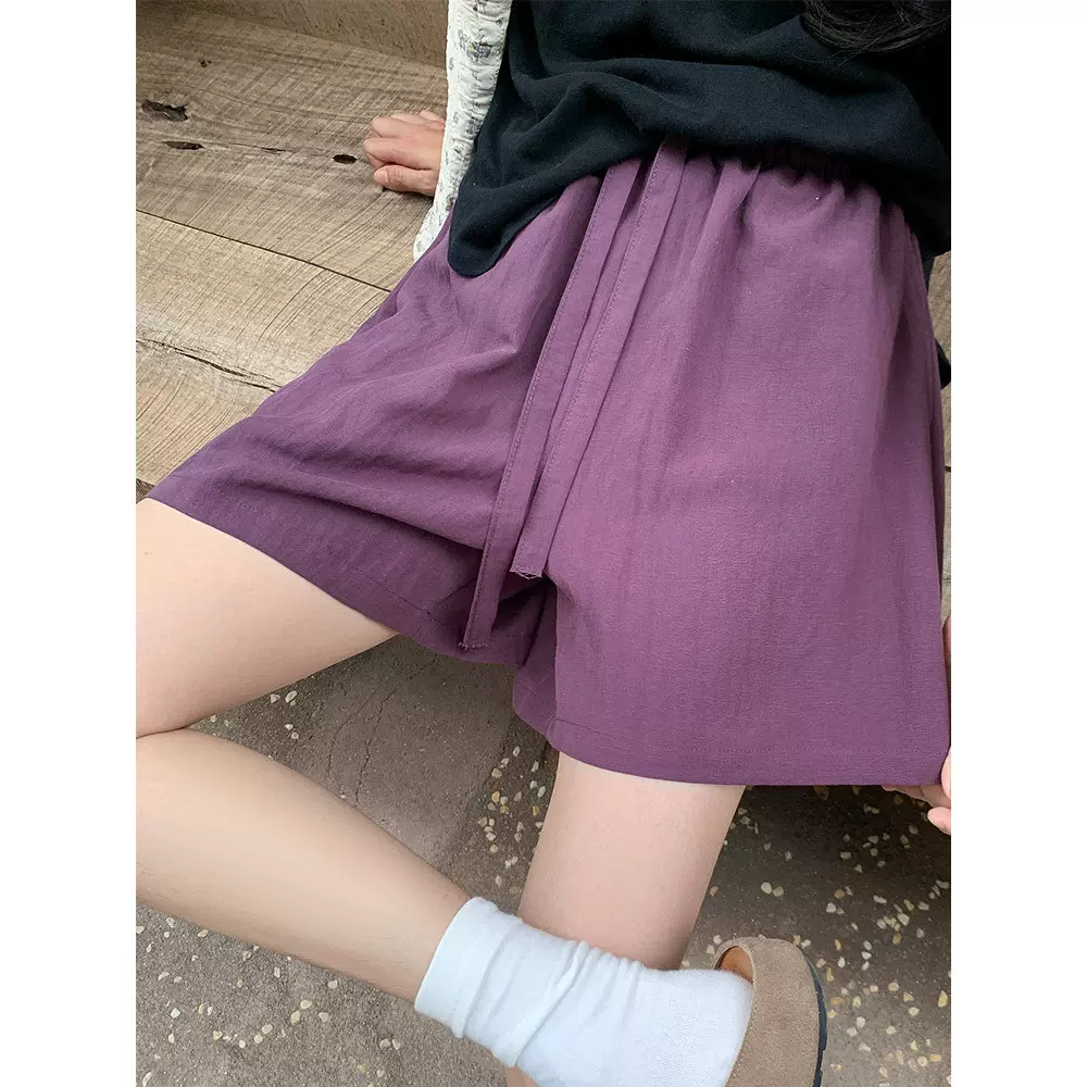紫色亚麻短裤女夏季新款小个子宽松高腰a字休闲天丝麻阔腿五分裤