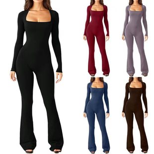 Cross-border 2023 European and American Amazon foreign trade women's long-sleeved belly contracting waist lifting hip square collar wide-leg high elastic jumpsuit