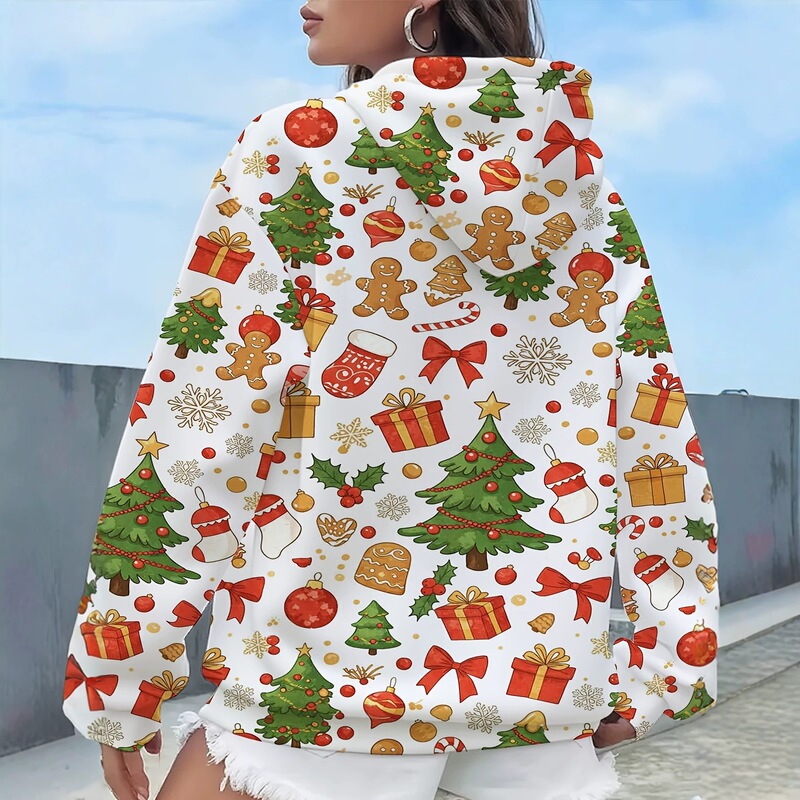 Christmas-themed printed hooded sweatshirt for women with Christmas tree, gingerbread man, and snowflake designs, drawstring pullover Christmas sweatshirt Christmas-themed printed hooded sweatshirt for women with Christmas tree, gingerbread man, and snowflake designs, drawstring pullover Christmas sweatshirt