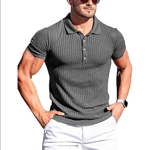 Amazon Men's Running Sports Fitness Summer High Elastic Vertical Long Sleeve Polo Shirt Slim-fit Short Sleeve Polo Shirt