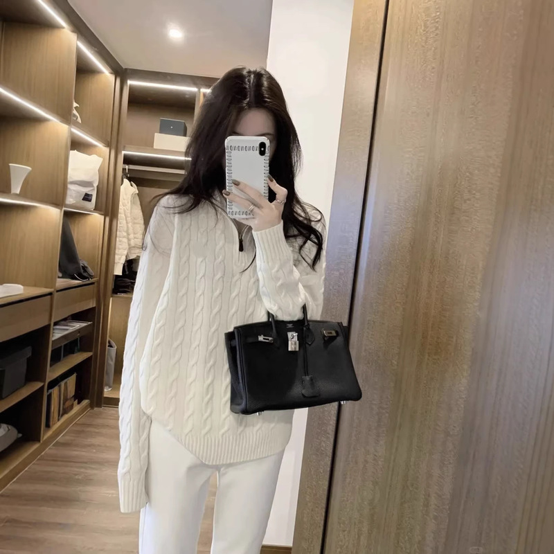 High-Quality/Scannable Qr Code Ralph Half-Zip Cable Knit Sweater with Small Ma Logo Embroidery, Unisex