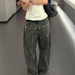 美式复古大码设计感刺绣牛仔裤子女夏辣妹宽松显瘦百搭阔腿工装裤