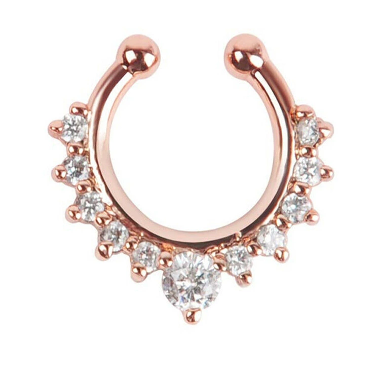 Metal nose clip piercing, alloy with rhinestones, 17×15 mm, lightweight 1,2 g