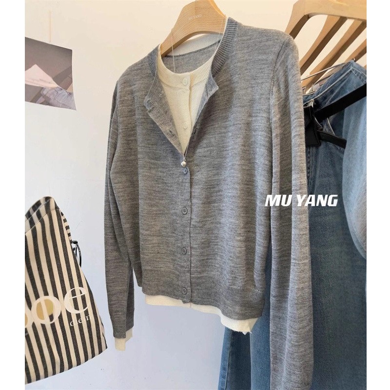 MUYANG 配色超好看~双开襟假两件羊毛长袖针织开衫女初秋通勤必备