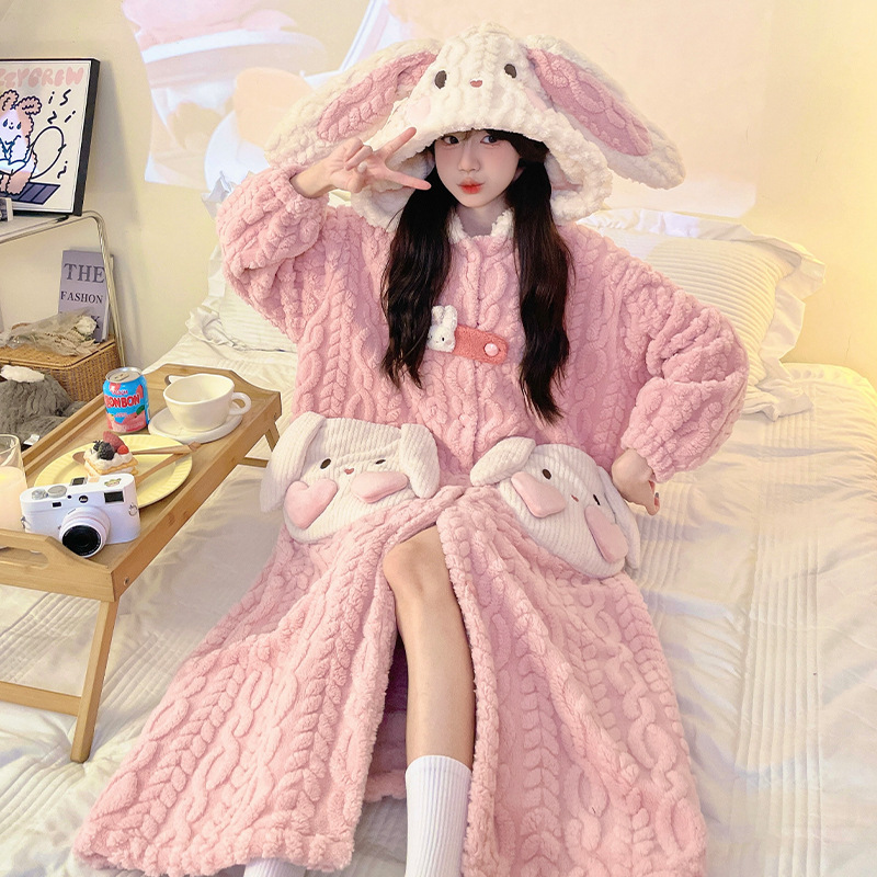 Nightgown Women's Pajamas Bathrobe Women's Autumn and Winter plus size 200 Jin Long Thickened Coral Fleece Loose Pregnant Women's Home Clothes