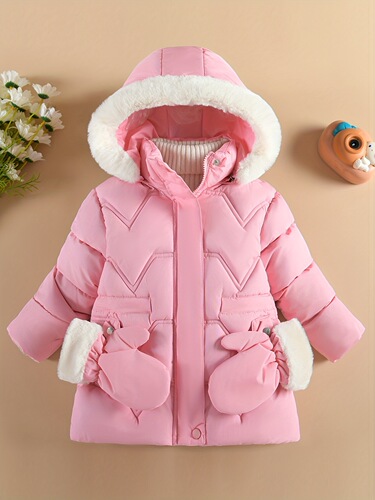 Women's children's snow clothes, small children's monochrome warm outerwear, stylish medium-length coat, cotton warm clothing for autumn and winter, lined inner jacket.