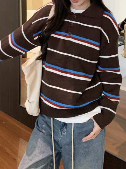 复古美式POLO领条纹长袖针织衫2025秋冬季新款宽松减龄外穿毛衣女|undefined