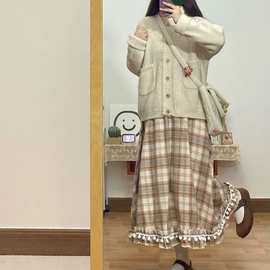 复古少女感甜美格子毛球高腰半身裙秋冬毛呢学院风中长半裙小个子
