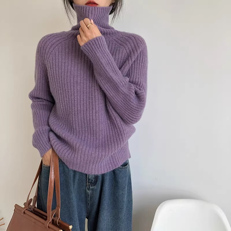 Korean-style fine glitter thick warm turtleneck sweater for women, autumn and winter, with a high-end, gentle, and relaxed style