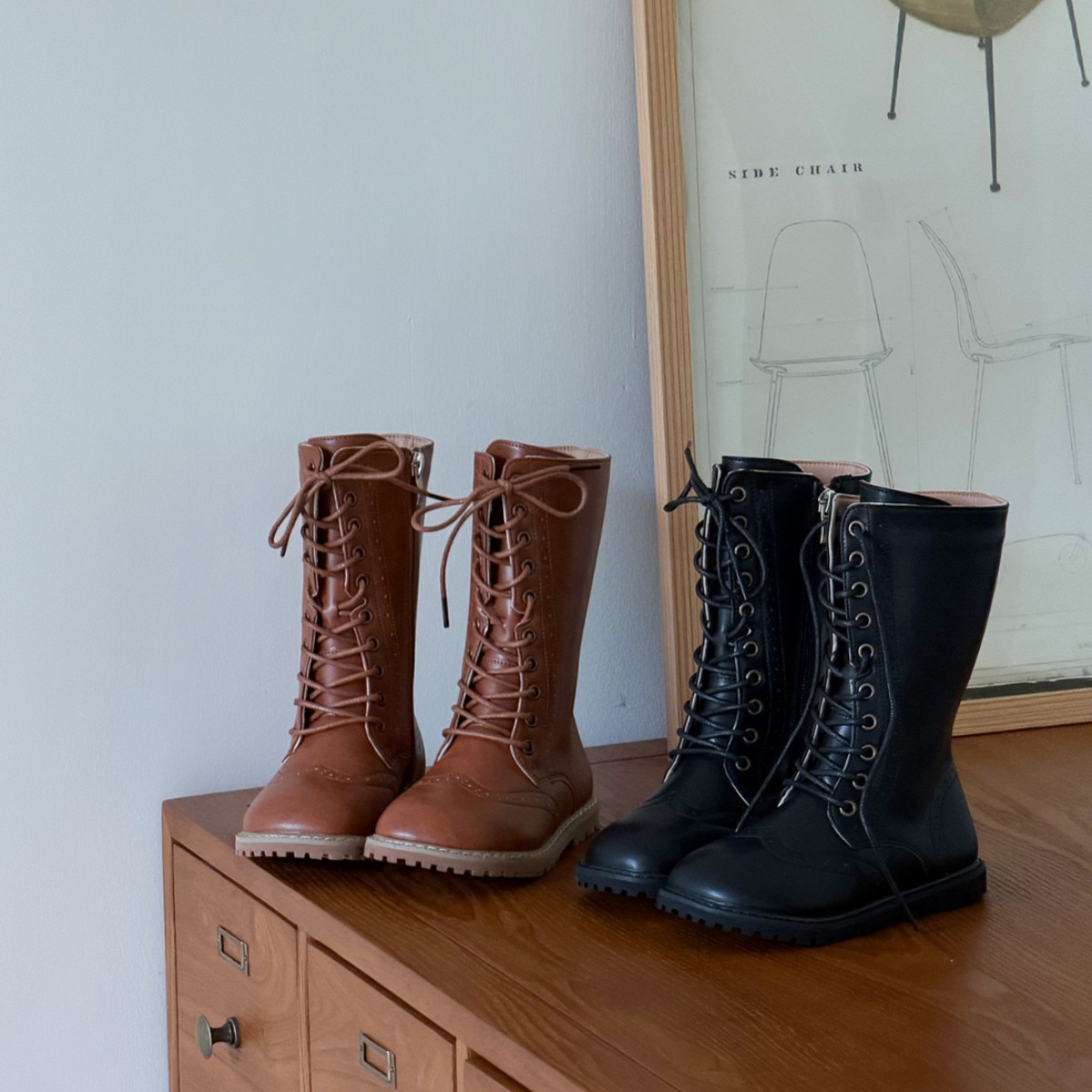 2025 New Winter Korean Style Kidsren's High Boots British Style Carved Knight Boots for Boys and Girls, Medium and Large Kidsren's Cotton Boots