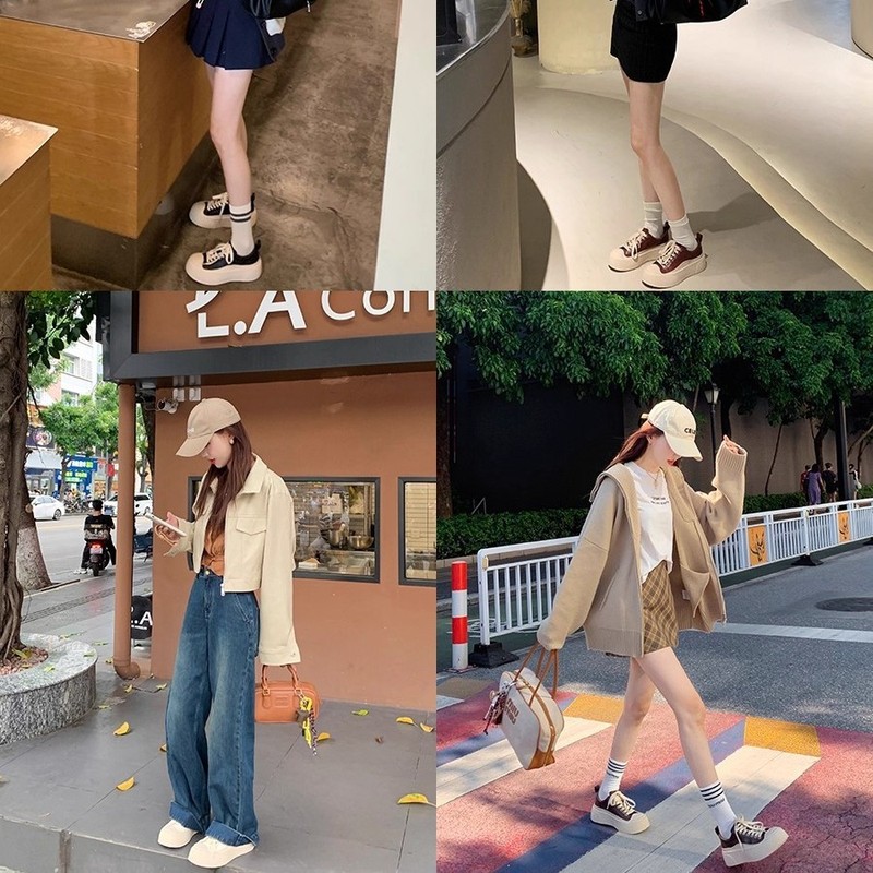 现货~葡萄妈同款 马皮百搭圆头休闲运动板鞋增高厚底做旧小白鞋女|undefined