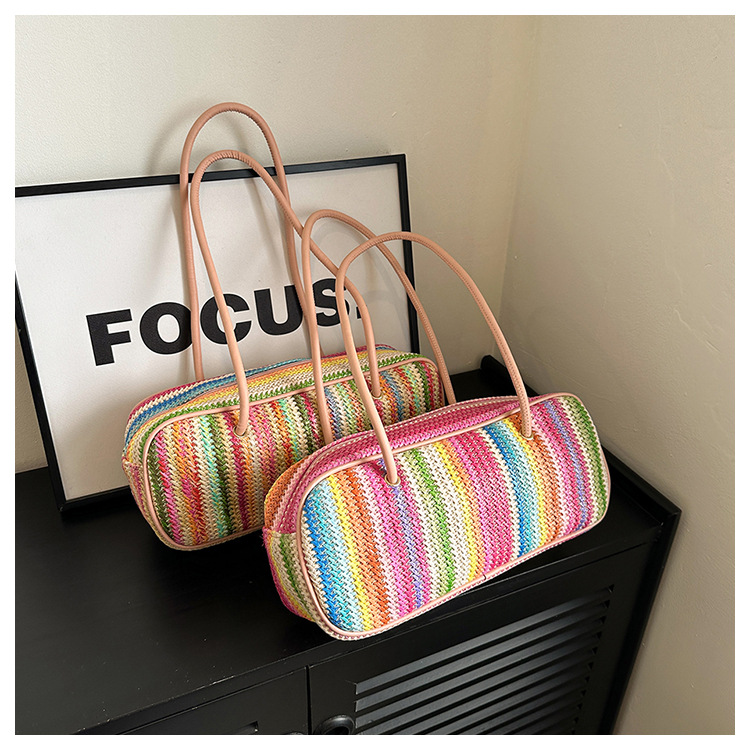 Women's Medium Straw Rainbow Vacation Classic Style Weave Oval Zipper Straw Bag display picture 22