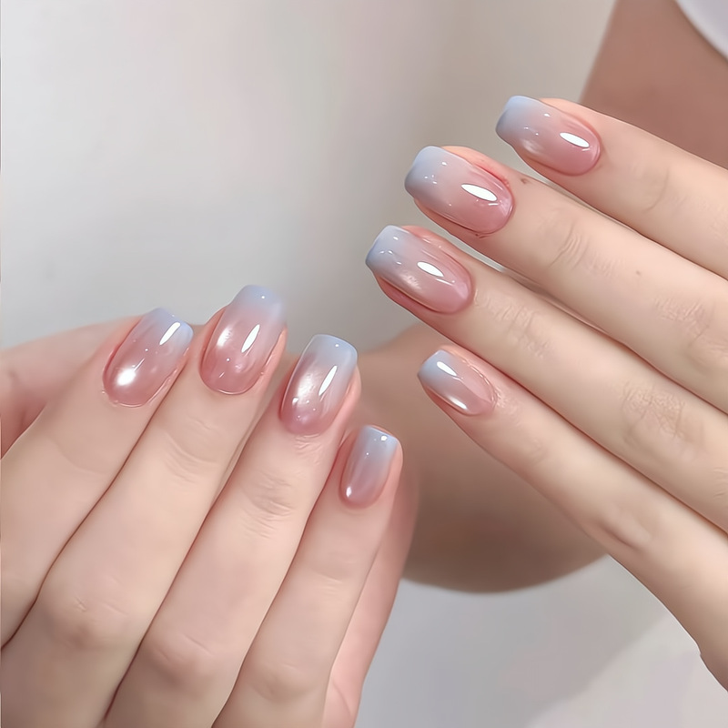 [Ling Luo Original] Super Fairy French Atmosphere Ice-Transparent Lake Blue Glass Beads Short Cat-Eye Manicure Wearable Nails