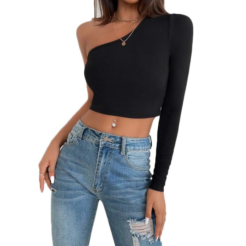 Ribbed Bottoming Oblique Shoulder Hollow Top NSHPH108443