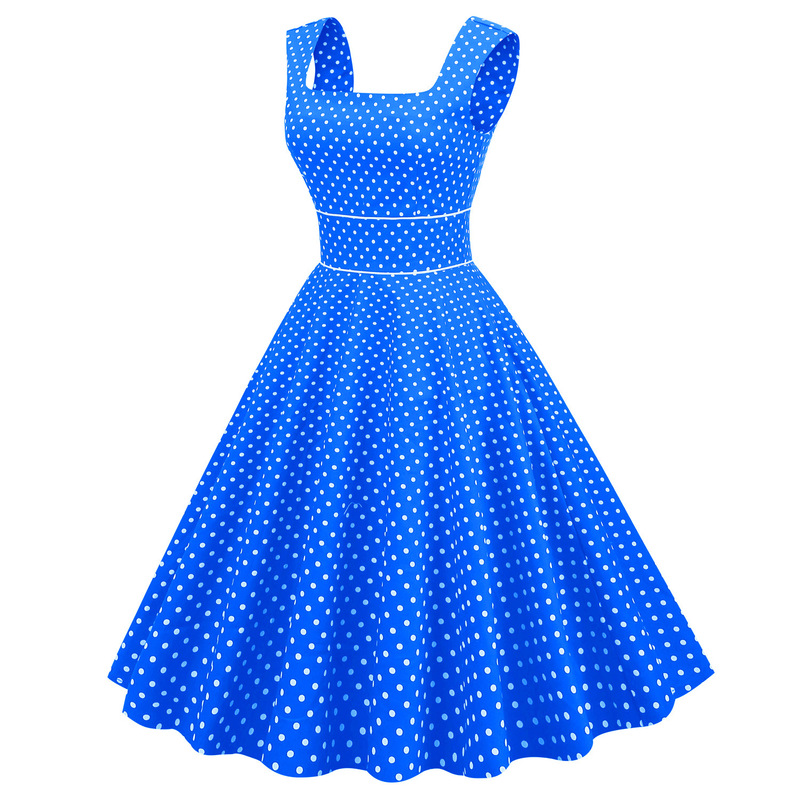 Vintage Polka Dot Square Neck Slim Fit High Waist Mid-Length Flared Dress with Sleeves Bridesmaid Dress Clearance Sale