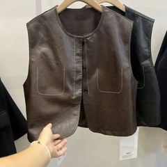 皮衣马甲秋季休闲设计感洋气圆领上衣单排扣透气简约宽松马夹