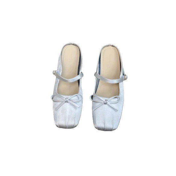 XINZHOU 2025 Spring New Style Temperature Satin Bread-toe Half Slippers Wear Women's Shoes with Bow Square Toe Flat Sole Cool