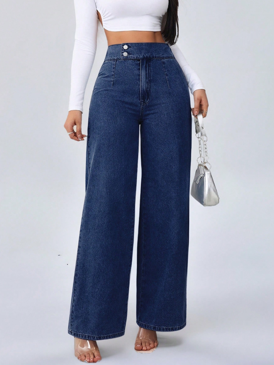 Högmidjade jeans med raka ben för damer med dubbla knappar_voghion.com