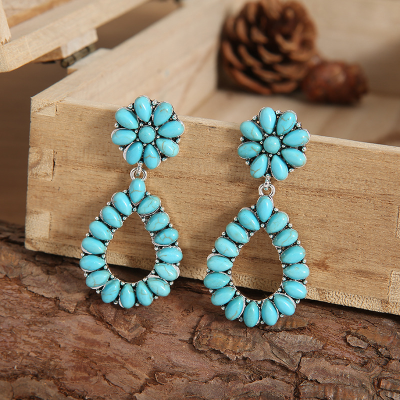 Wholesale Jewelry Vintage Style Water Droplets Solid Color Metal Turquoise Plating Inlay Drop Earrings display picture 3