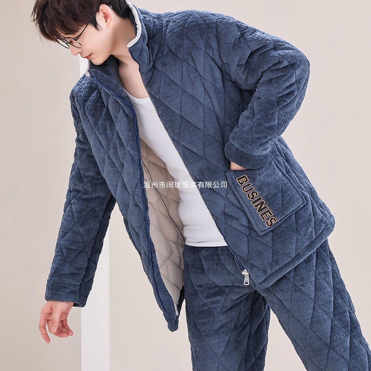 Autumn and Winter Coral Velvet Thickeneded Fleece-Lined Three-Layer Quilted Jacket Men's Pajamas Warm Home Clothes Set Can Be Worn Outside
