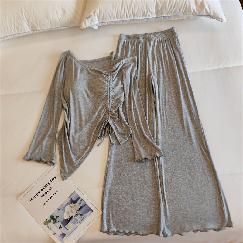 莫代爾睡衣女春秋季帶胸墊一體性感純欲風可外穿長袖家居服兩件套