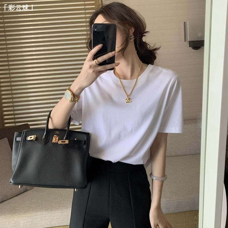 White Shoulder Cotton Short-sleeved T-shirt Women's Summer New 100 Cotton Slim-fit Loose Round Neck Top