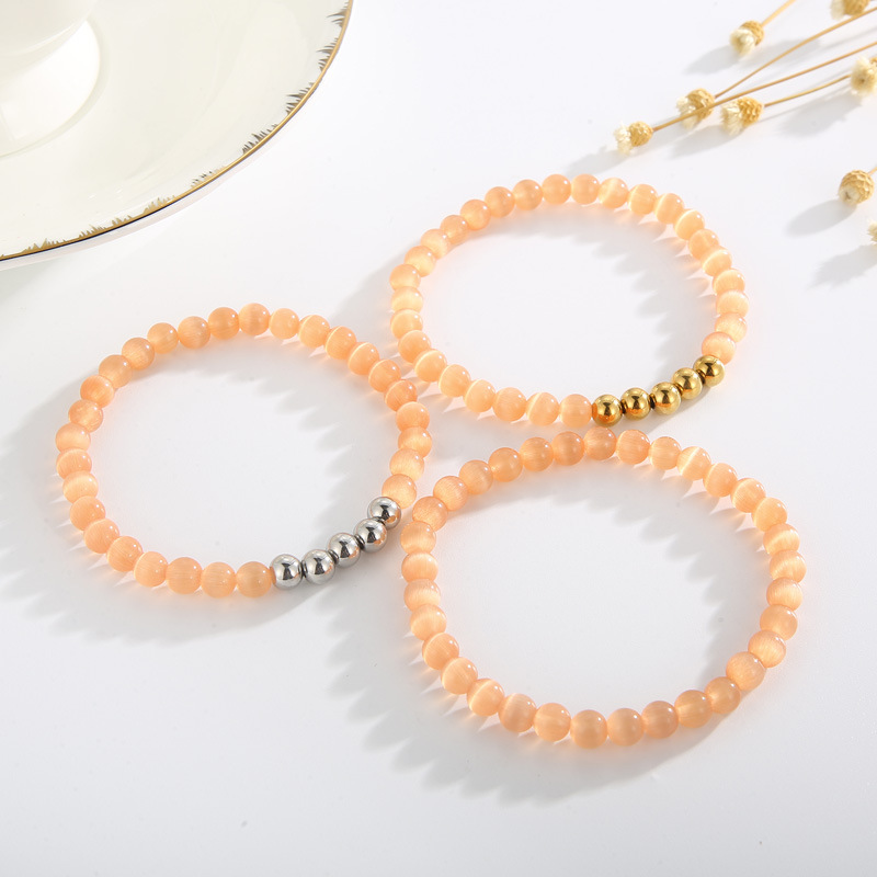 Retro Solid Color Stainless Steel opal Beaded Bracelets 1 Piece