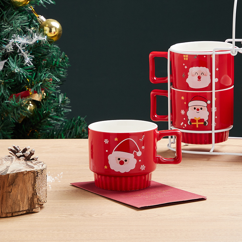 Venta caliente de alta apariencia de Navidad taza de agua Taza de cerámica con estante traje de regalo de Navidad al por mayor