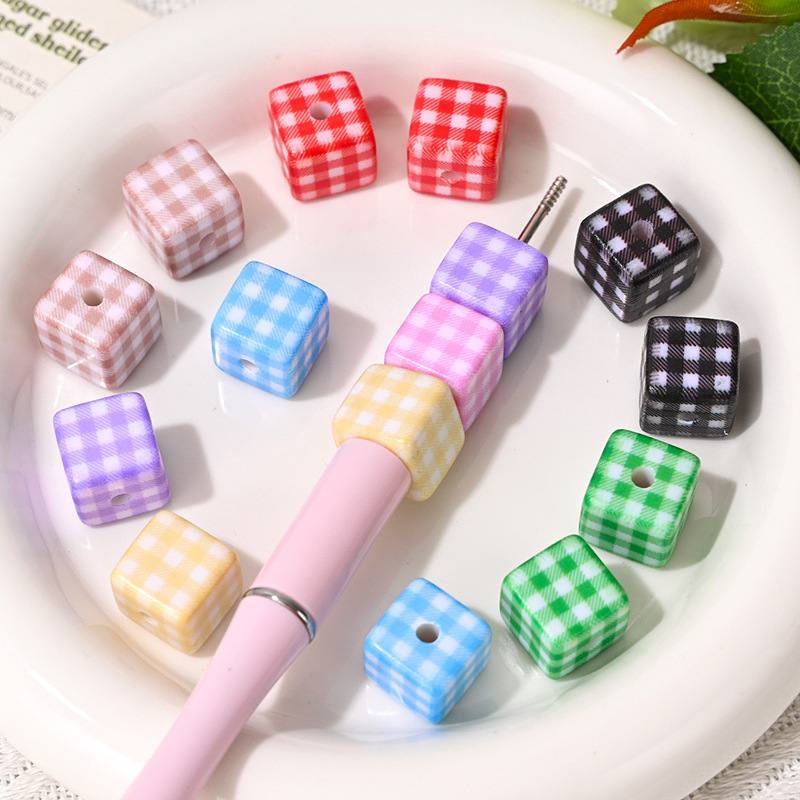 Popular Versatile Plaid Square Through-Hole Beads DIY Mobile Phone Chain Keychain Hair Rope Beaded Pen Bag Hanging Loose Beads Wholesale