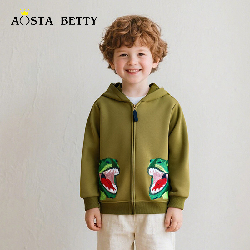 Cross-Border Supply of Children's Clothing, European and American Style, Fashionable Cartoon Dinosaur Embroidery Children's Hoodies, Knitted Cotton Children's Cardigan Jackets