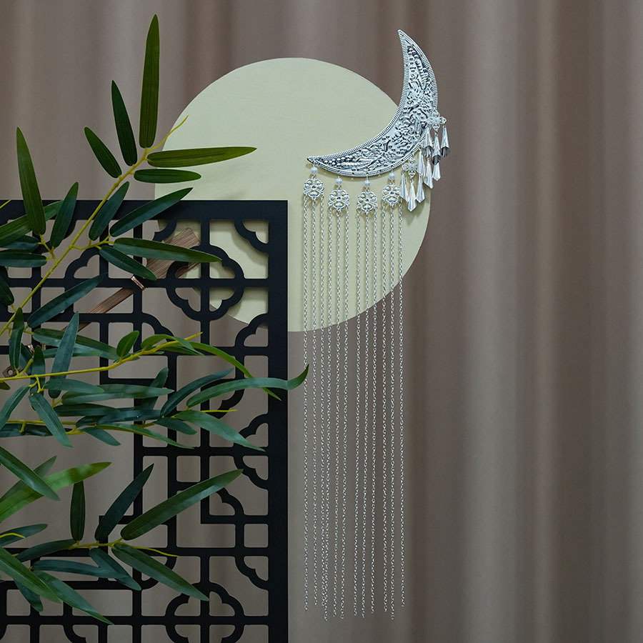 苗族发饰汉服配饰月牙头饰战国袍珍珠流苏发夹古风后压发饰套月牙