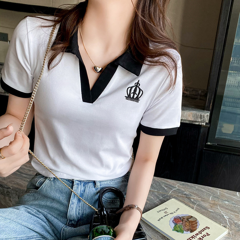 Polo Collar Color-block T-shirt Women's Short-sleeved Tennis Girls' Sports Style Casual Slim-fit Short Embroidered Lasel Top for Summer Polo Collar Color-block T-shirt Women's Short-sleeved Tennis Girls' Sports Style Casual Slim-fit Short Embroidered Lasel Top for Summer