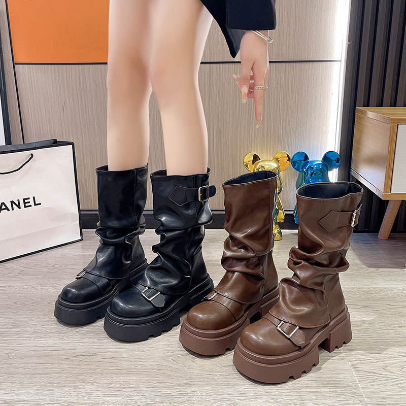 Thick-Soled Height-Increasing Martin Boots for Women, British Style, 2025 New Autumn Retro Melard Mid-Calf Pants Boots