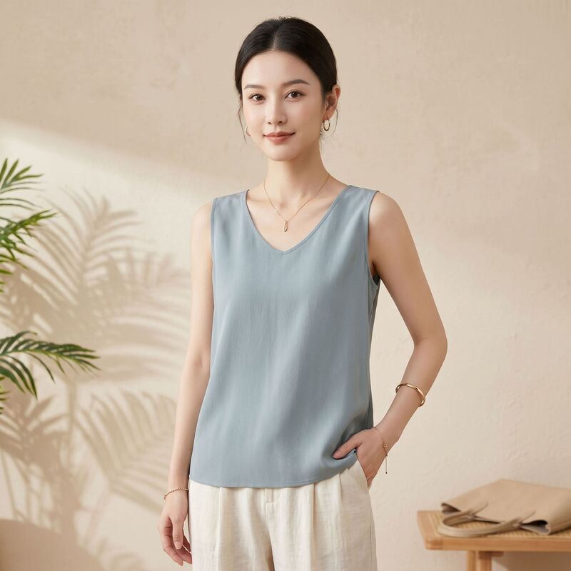 New Sand-Washed Crepe De Chine Silk Vest Women's Casual Inner Pullover Bottoming Shirt Loose Mulberry Silk Sleeveless V-Neck Shirt New Sand-Washed Crepe De Chine Silk Vest Women's Casual Inner Pullover Bottoming Shirt Loose Mulberry Silk Sleeveless V-Neck Shirt