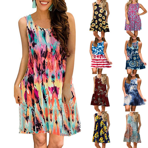 European and American-style Summer Dress | Floral Print, Sleeveless, Round Neck, Loose-Fit Design for Women