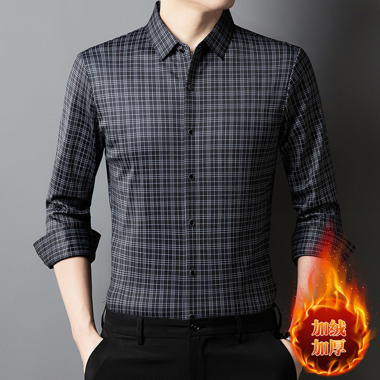 New high-grade fleece-lined seamless plaid long sleeve shirt men's non-ironing business casual autumn and winter bottoming lapel shirt lining