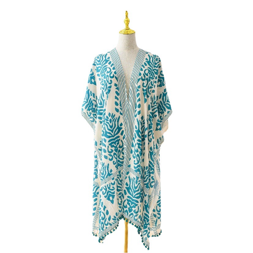 Transfronterizo nuevo europeo y americano playa vacaciones impreso sexy cardigan playa bikini Blusa de gasa de media longitud de protección solar image 1